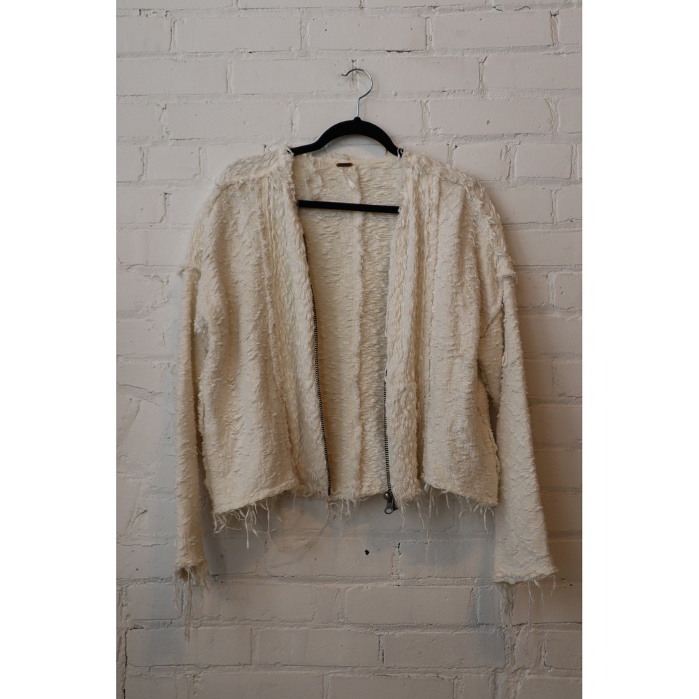 Free People Womens XS Ivory Shaggy Knit Full Zip Cardigan Frayed Hem Sweater